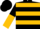 Black and gold hoops, black and gold halved sleeves, black cap