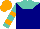 Navy, turquoise yoke, orange hoops on turquoise sleeves, orange cap