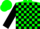 Kelly green and black blocks, black sleeves, kelly green cap
