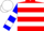 Red, blue and white hoops, blue and white bars on sleeves, white cap