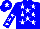 Blue body, white stars, blue arms, white stars, blue cap, white star