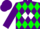 Purple, green diamonds, purple 'sr' on white diamond, purple cap