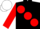 Black, large red spots and sleeves, white cap