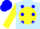 Light blue, yellow ball, blue spots on yellow sleeves, blue cap