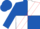Royal blue and white quartered with red sash, royal blue sleeves and cap