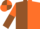 Brown and orange (halved), sleeves reversed, brown and orange quartered cap