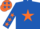 Royal blue, orange star, royal blue sleeves, orange stars and cap
