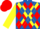 royal blue, red diamonds, yellow cross sashes, yellow sleeves, red cap