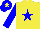 Yellow body, blue star, blue arms, blue cap, yellow star