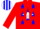 Red, blue circled 'v' on white star, blue stars, red stripes on sleeves