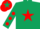 Dark green, red star, dark green sleeves, red spots, red cap, dark green star