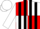 Red and white quarters, black stripes on white sleeves, white cap