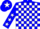 Blue and white blocks, blue sleeves, white stars, blue cap, white star