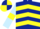 Dark blue, yellow chevrons, light blue sleeves, yellow armlets, dark blue and yellow quartered cap