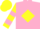 Pink, yellow diamond, yellow sleeves, pink hoop, yellow cap