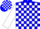 Blue & white blocks, red 'e' on back, red bars on white sleeves