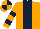 Orange, dark blue stripe, hooped sleeves, quartered cap