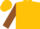 Gold, white trimmed brown 'h'emblem, gold and brown sleeves, brown cuffs