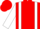Red, white braces, red bars on white sleeves, red cap