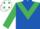 Royal blue, emerald green chevron and sleeves, white cap, emerald green spots