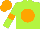Lime green, orange ball, orange hoop on sleeves, orange cap