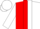 Red & white halved, navy stripe, white sleeves, navy cap