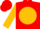 Red, black japanese emblem on gold ball, gold sleeves, red cap