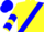 Neon yellow, electric blue cross sash, blue chevrons on sleeves, blue cap