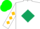 White, dark green diamond, white 'r', green and gold diamonds on sleeves, green cap, white visor