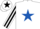White, royal blue star, white and black striped sleeves, white cap, black star