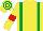 Yellow, emerald green braces, yellow sleeves, red armlets, yellow and emerald green hooped cap