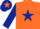 Orange, dark blue star and sleeves, dark blue cap, orange star