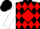 Black, black 'r' on red diamond, black and red diamonds on white sleeves, black cap