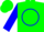 Kelly green, blue circle and 'e', blue sleeves