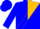 blue and gold diagonal halves, navy sash, blue and navy halved cap