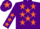 Purple body, orange stars, purple arms, orange stars, purple cap, orange star