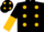 Black, gold dots, black and gold halved sleeves, black cap, gold dots