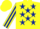 Yellow, dark blue stars, striped sleeves, yellow cap