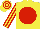 Yellow, Red disc, striped sleeves, hooped cap