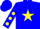 Blue, yellow star, yellow dots on sleeves, blue cap