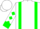 White, green braces, white sleeves with green diamonds and cuffs, white cap