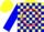 Yellow, red circle and 'jd', blue blocks on sleeves, blue and yellow cap, red visor