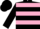 Black, two pink hoops, black sleeves, pink cuffs, black cap
