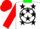 White, black circle, green collar, black stars on red sleeves, red cap