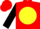 Red, yellow ball, black cuffs on sleeves, red cap