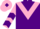 Purple body, pink chevron, pink arms, purple chevrons, pink cap, purple diamond