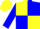 Yellow body, blue quartered, blue arms, yellow cap