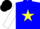 Soft blue body, yellow star, white arms, black cap