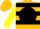 Gold, gold 'nbf' in black ball, black hoops in yellow slvs