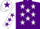 Purple body, white stars, white arms, purple stars, white cap, purple star